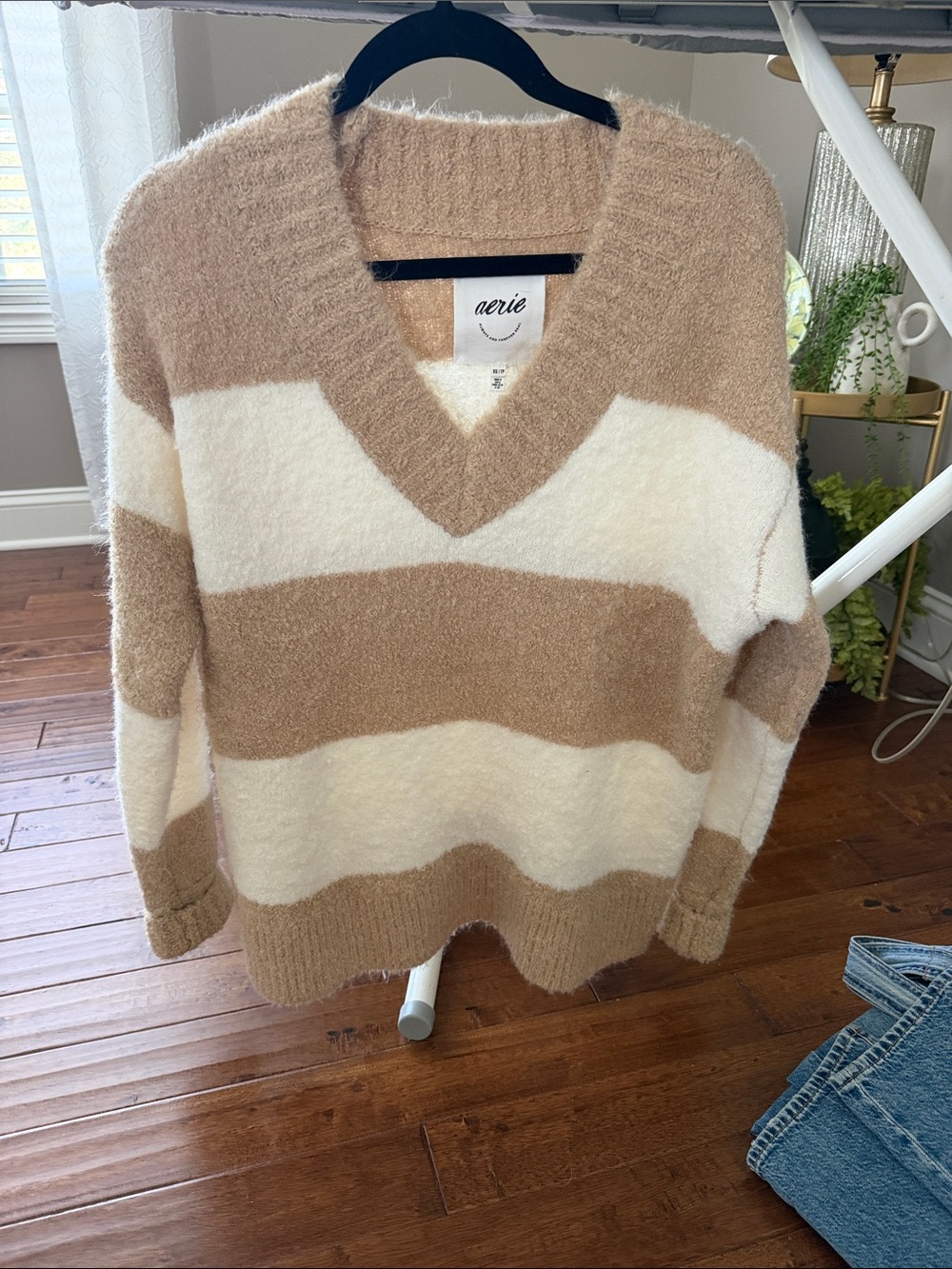 aerie Cream and Tan Wide-Striped V-Neck Sweater
